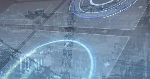 When HUD appears, crane and HUD elements animating, rotating, pulsing to show Stock Footage 328685557