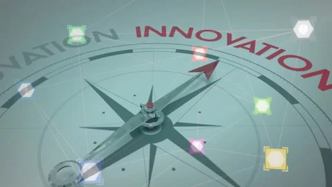 When icons fading in, compass needle rotating clockwise highlighting innovation Stock Footage 309681321