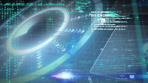 When interface initializes, ring pulsing, rotating arrows and code panel Stock Footage 312082618