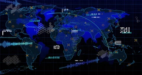 When loading deep-blue digital world map, displaying labels arcs grids bars Stock Footage 313640063