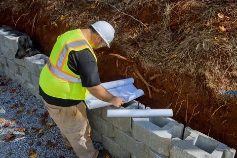 When mounting retaining walls with cement blocks, construction workers typically Stock Photos