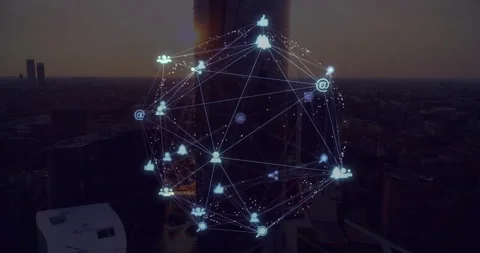 When node glowing, 3D network sphere rotating above skyline, pulsing icons Stock Footage 312842334