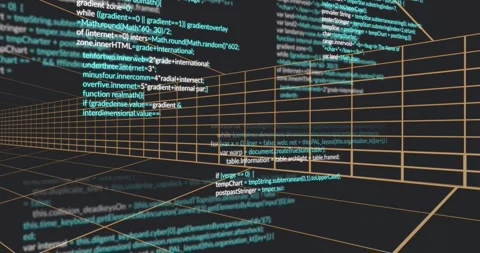 When opening dark wireframe grid, teal HTML code snippets scrolling clustering Stock Footage 317155448