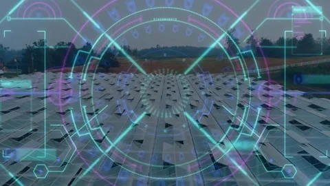 When overlay appearing over solar panel array, concentric rings scanning array Stock Footage 317260597