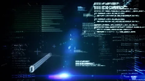 When panels materializing blue glow rising code fragments coalescing into 3D Stock Footage 311901382