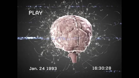 When PLAY icon triggers playback, 3D brain rotating, filaments and glitch bands Stock Footage 317117374