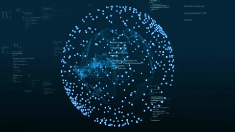 When playback starts globe rotating, code fragments drifting and nodes pulsing Stock Footage 312898270