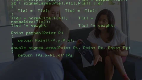 When red-haired developer typing, team reviewing functions under C++ overlay and Stock Footage 311155190