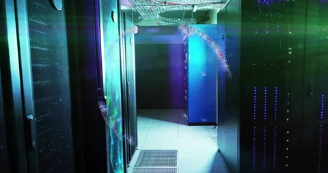 When red-white points forming between server racks, globe assembling and Stock-Footage 309807772