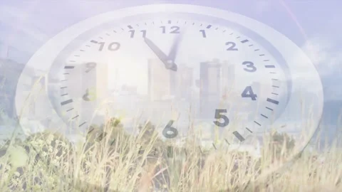 When second hand ticks, analog clock face rotating hands and shifting sky Stock Footage 319800915