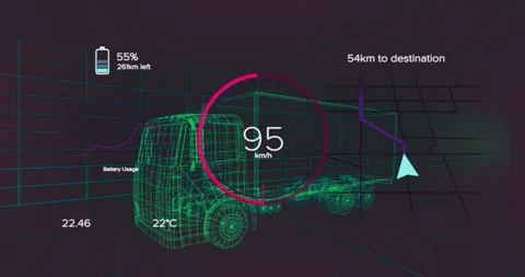 When simulation starts wireframe truck accelerating on grid with gauge moving to Stock Footage 319783192
