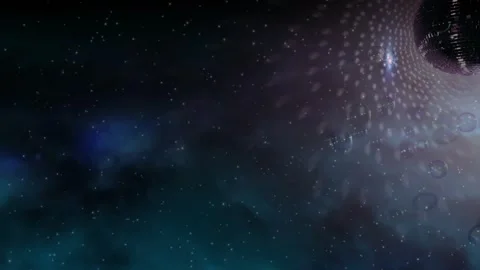 When sphere drifting into frame casting twinkling lights across swirling nebula Stock Footage 319342937