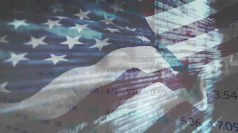 When star field emerging, American flag waving while market data updating to Stockbeeldmateriaal 312407659