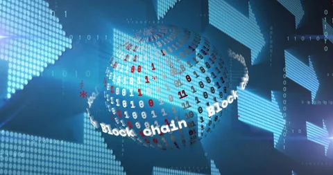 When starting 3D sphere rotating binary grid, block chain text merging code Stock Footage 311916071