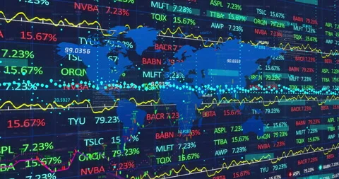 When starting digital display showing world map with stock tickers updating Stock Footage 310318835