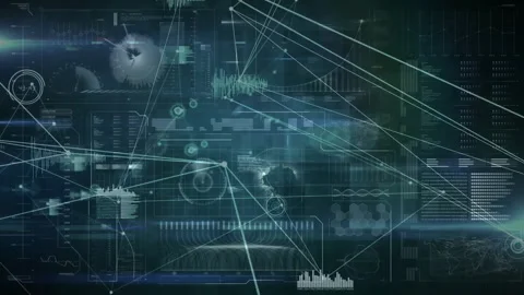 When thin white lines emerging from edges connecting nodes, digital HUD updating Stock Footage 310326868