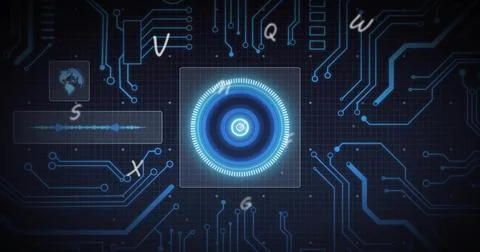 When waveform bar activating, central HUD brightening, pulsing, rotating rings Stock Illustration