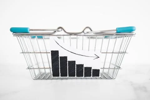 When will inflation go down. shopping basket with graph showing prices drop.. Stock Photos