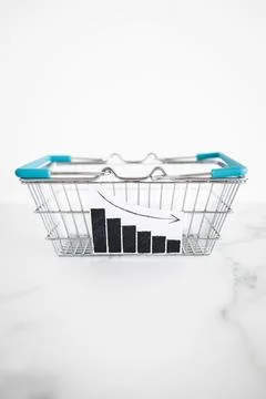 When will inflation go down. shopping basket with graph showing prices drop.. Stock Photos