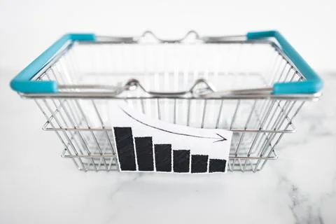 When will inflation go down. shopping basket with graph showing prices drop.. 写真素材