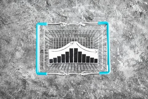 When will inflation go down. shopping basket with graph showing prices goin.. Stock Photos