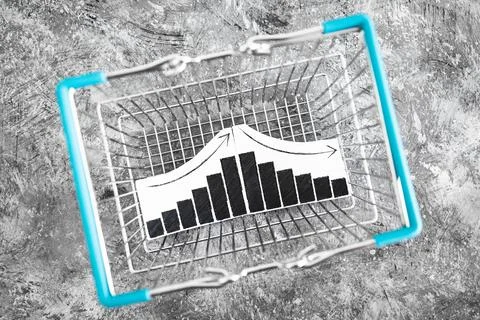 When will inflation go down. shopping basket with graph showing prices goin.. Stock Photos
