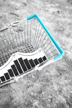 When will inflation go down. shopping basket with graph showing prices goin.. Stock Photos