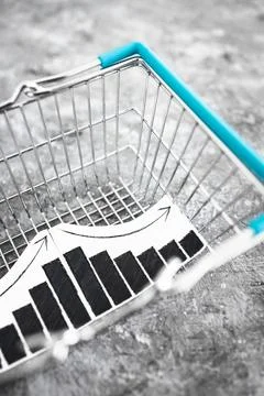When will inflation go down. shopping basket with graph showing prices goin.. Stock Photos