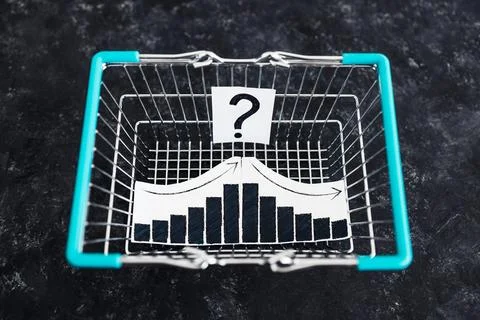 When will inflation go down. shopping basket with graph showing prices goin.. Stock Photos