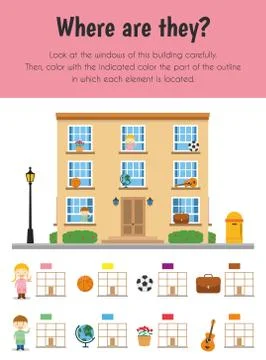 Where are they? Educational Sheet. Primary module for Spacial Understanding.  Illustrazione stock