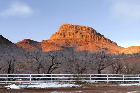 Where Nature Meets Frontier: Grand Canyon View Framed by Ranch Fence 写真素材