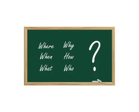 Where, When, What, Who, Why, How? written on blackboard. Faq concept. Findi.. Stock Illustration