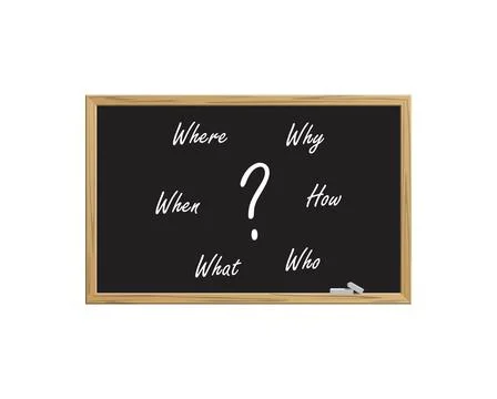 Where, When, What, Who, Why, How? written on blackboard. Faq concept. Findi.. Stock Illustration