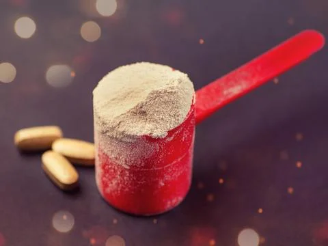 The whey protein in scoop Stock Photos
