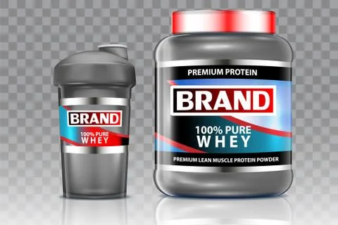 Whey protein shaker vector realistic mock up set Stock Illustration