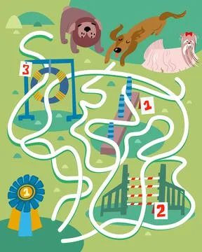 Which of dogs will run on correct path and receive winner cup. Remember winner Illustrazione stock