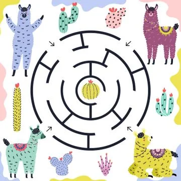 Which llama gets to the cactus. Funny maze game for kids with alpacas Stock Illustration
