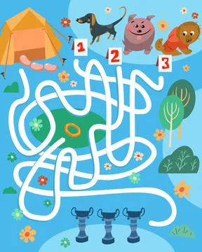 Which of puppies will run on correct path and receive winners cup. Maze for kids Illustrazione stock