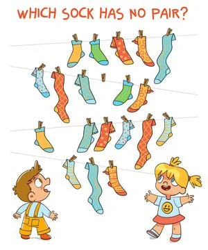 Which sock has no pair. Find two same picture. Educational game for children 库存插图