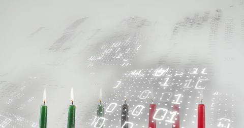 While binary code shifting, kinara candles lighting three green, then black, Stock Footage 317841023