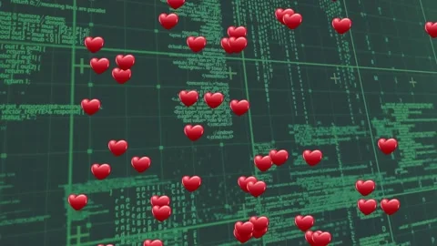 While code scrolling over green grid, floating 3D red hearts drifting down, Stock Footage 320127762