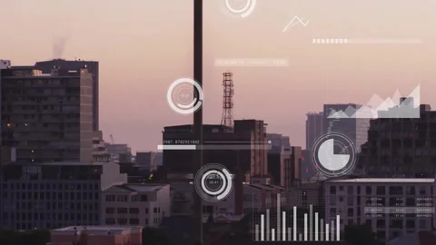 While dusk settling HUD elements fading in, sliding and stabilizing for Video stock 313703865