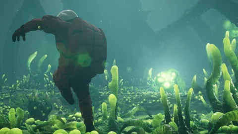 While exploring the alien planet, the astronaut caught sight of a mysterious 스톡 동영상 240030717