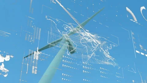 While grid lines fading in wind turbine blade rotating with world map overlay Stock Footage 312071940