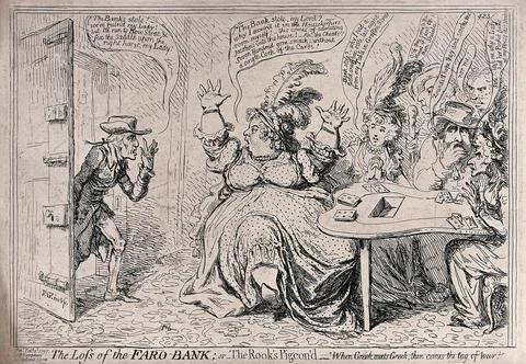While Lady Buckingham is gambling with her cronies, her husband enters to r.. Stock Illustration