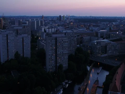 While the sun goes down above downtown Berlin, aerial, blue hour. Stock Footage 79885397