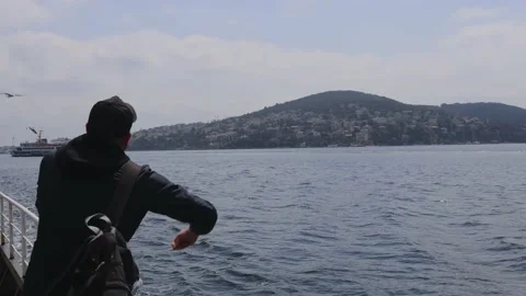 While traveling by ferry in the Bosphorus, the man feeds the seagulls with bagel 스톡 동영상 188831577