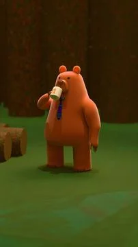 Whimsical 3D cartoon bear drinking from #1 Dad mug in forest, wearing tie a.. Stock Illustration