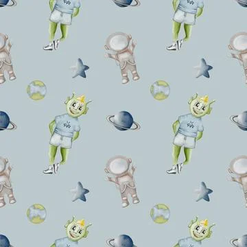 Whimsical aliens and space elements in a seamless watercolor pattern design イラスト素材