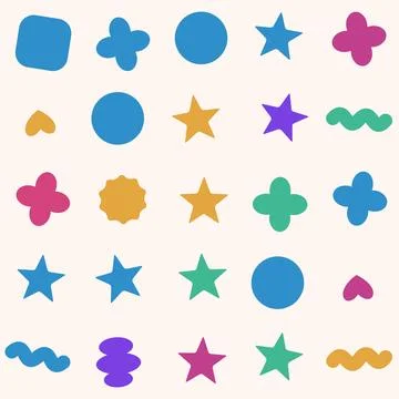 Whimsical assorted shapes in blue pink and yellow colors for children book .. Stock Illustration